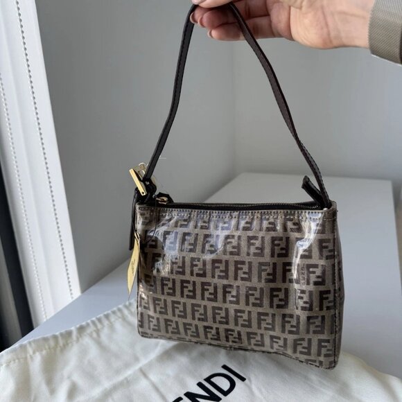 FENDI Zucchino Canvas Shoulder Bag Coated Canvas Beige Gold Auth - Picture 1 of 13